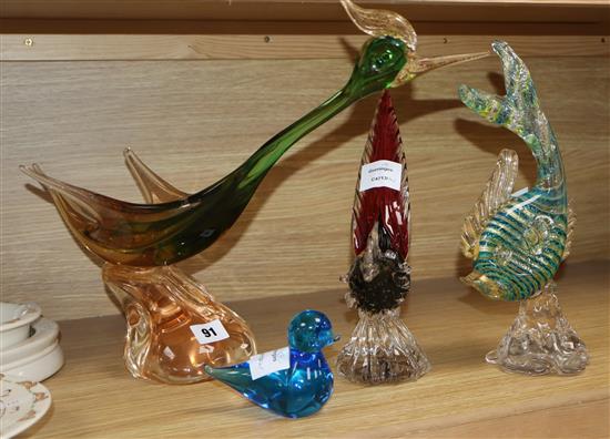 Two Murano coloured glass birds and a fish tallest 32cm (4)